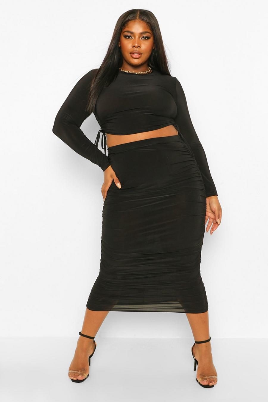 Black Plus Slinky Ruched Side Top and Midi Skirt Co- Ord image number 1
