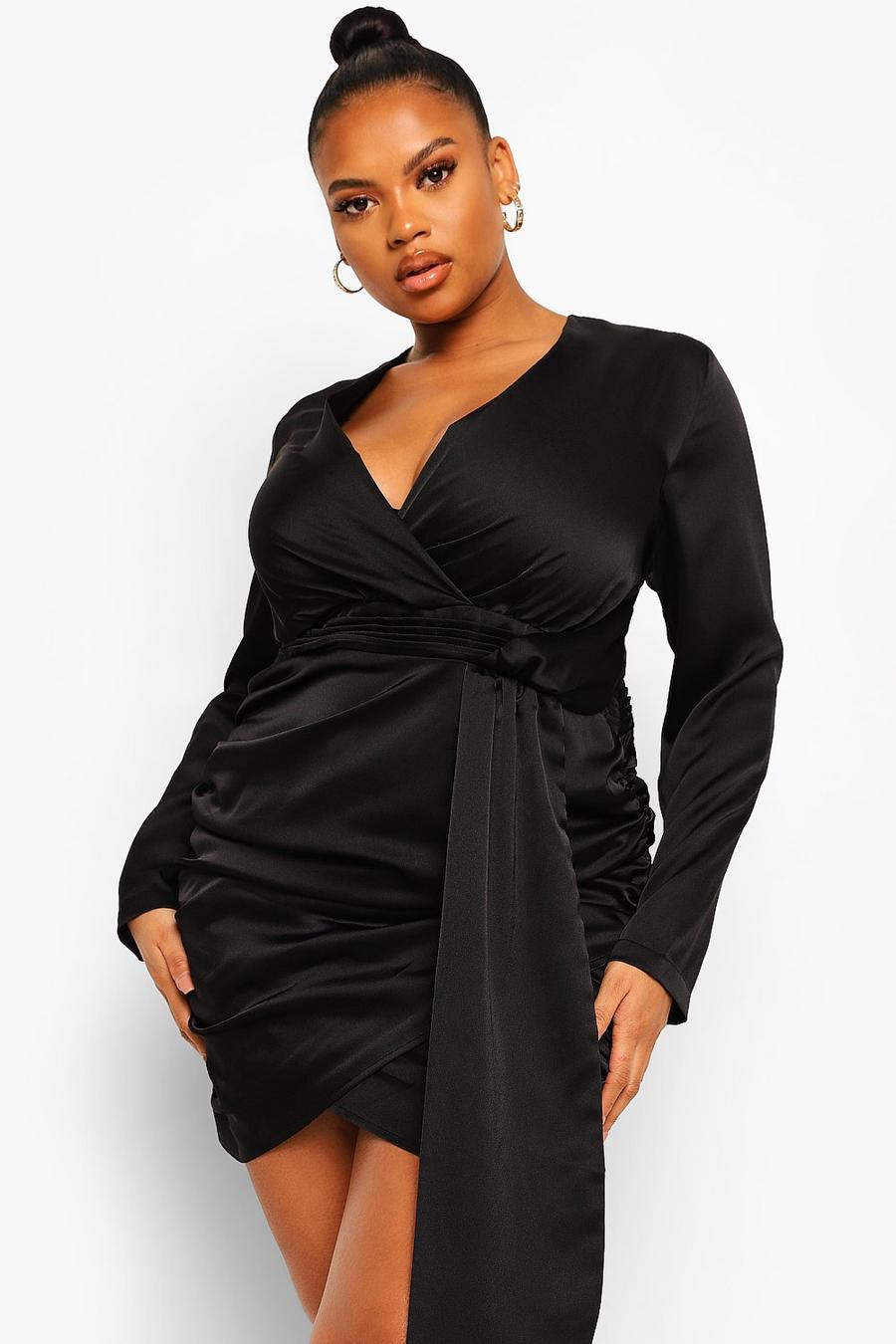 Black Plus Satin Wrap Ruched Bodycon Dress image number 1