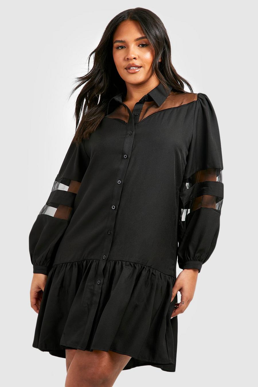 Black schwarz Plus Organza Contrast Shirt Dress
