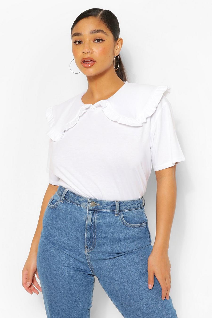 White Plus Frill Collar Cotton T-Shirt image number 1