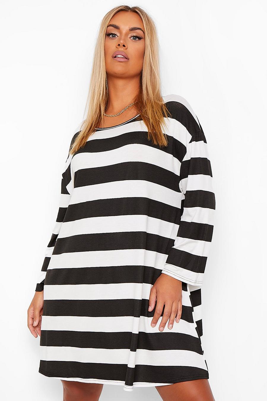 Black Plus Tonal Stripe Oversized Swing t-Shirt Dress image number 1