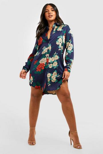 Plus Floral Satin Shirt Dress navy