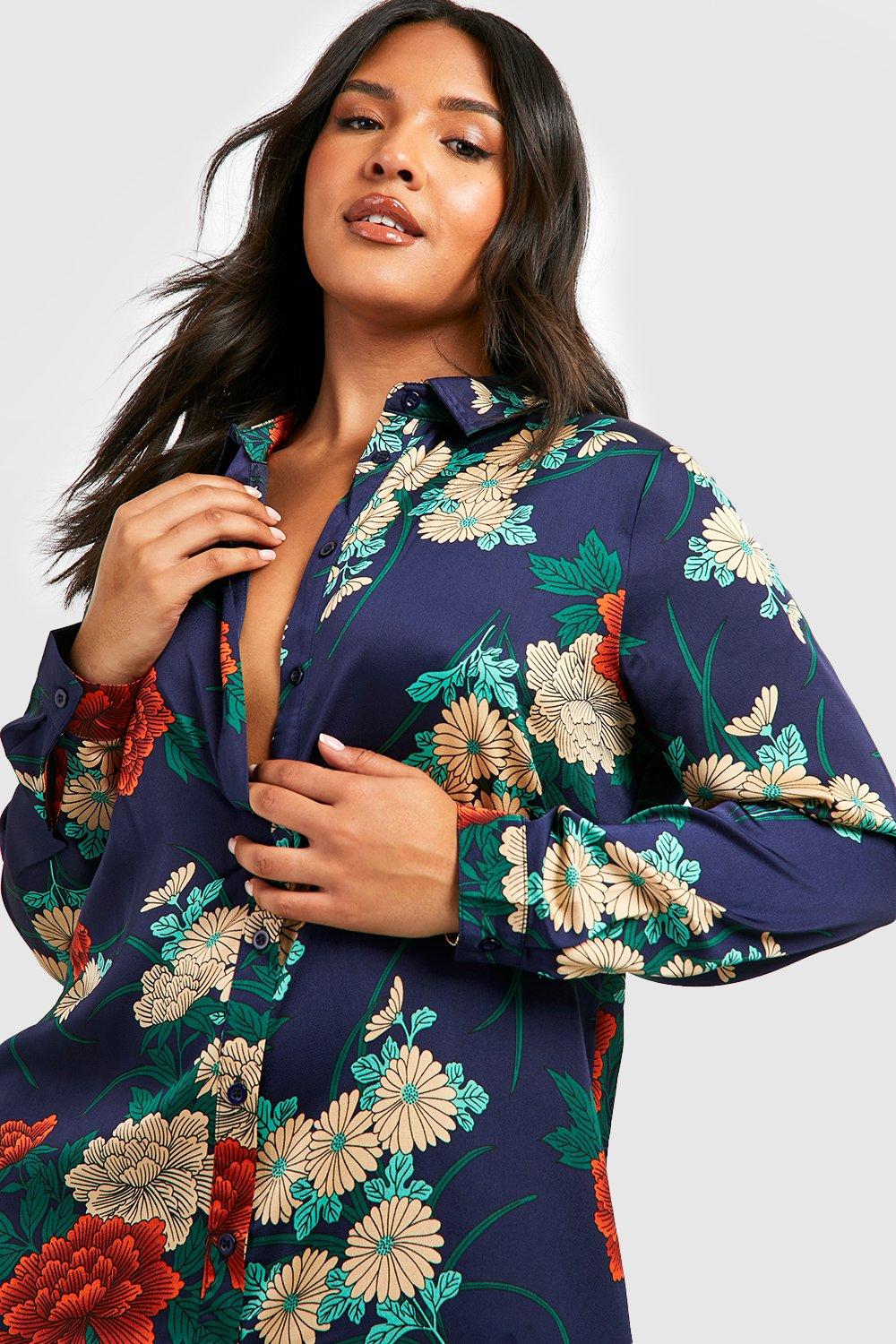 Plus Floral Satin Shirt Dress boohoo