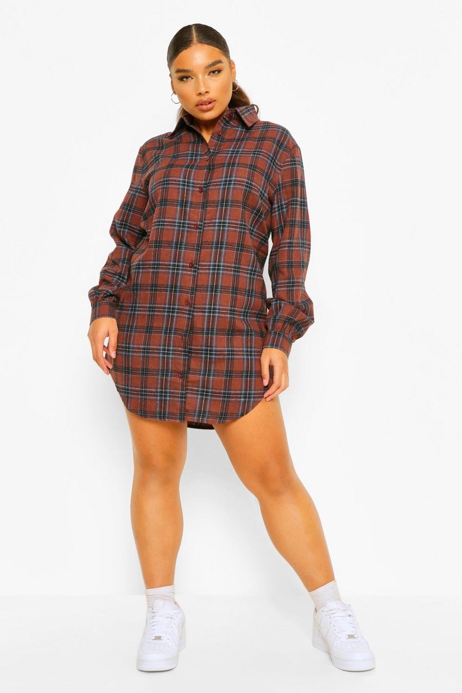 Brown Plus Boyfriend Flannel Oversized Shirt Dress image number 1