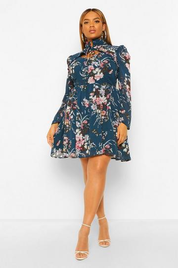 Teal Green Plus Floral High Neck Cut Out Skater Dress