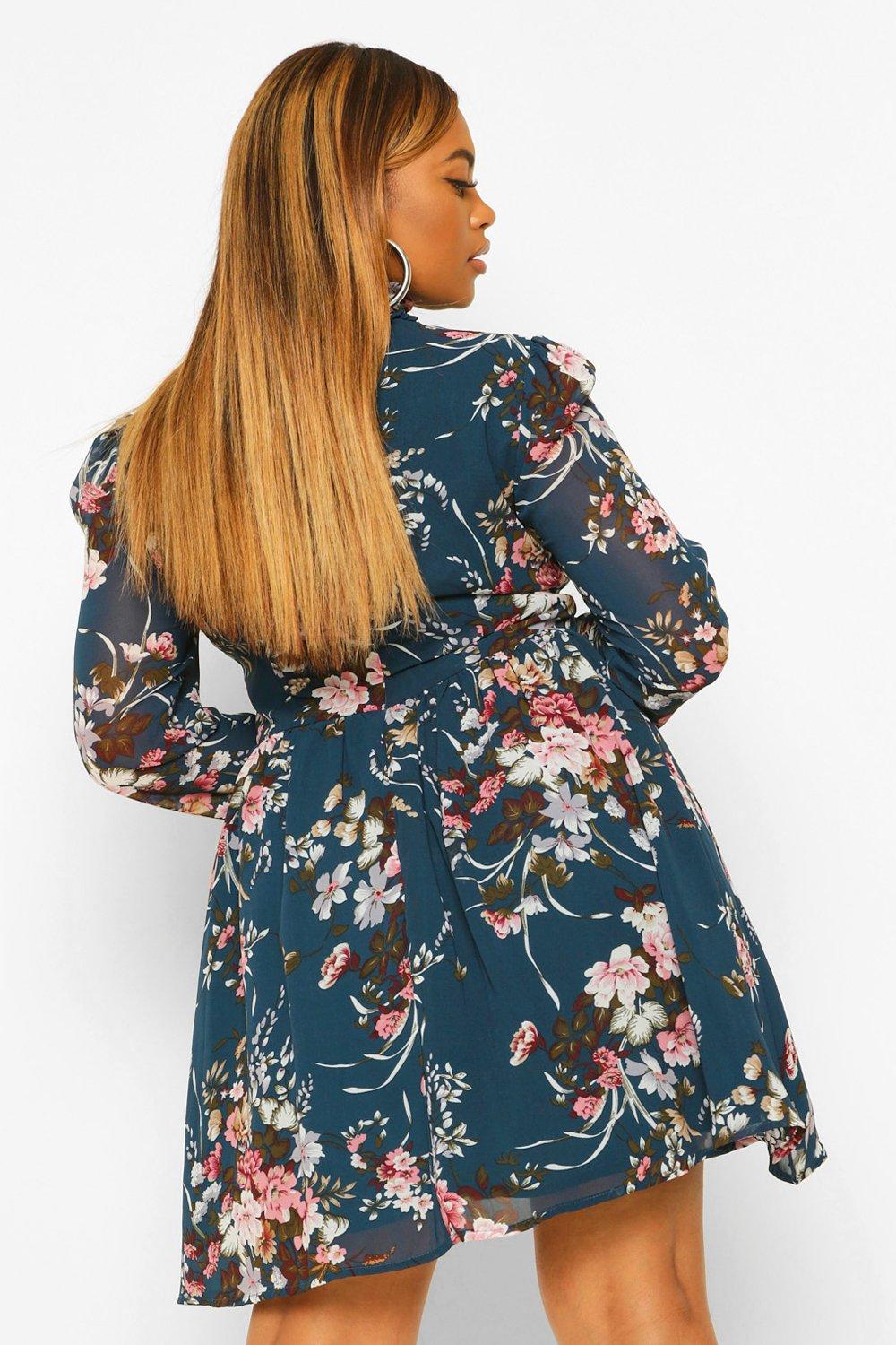 Plus Floral High Neck Cut Out Skater Dress