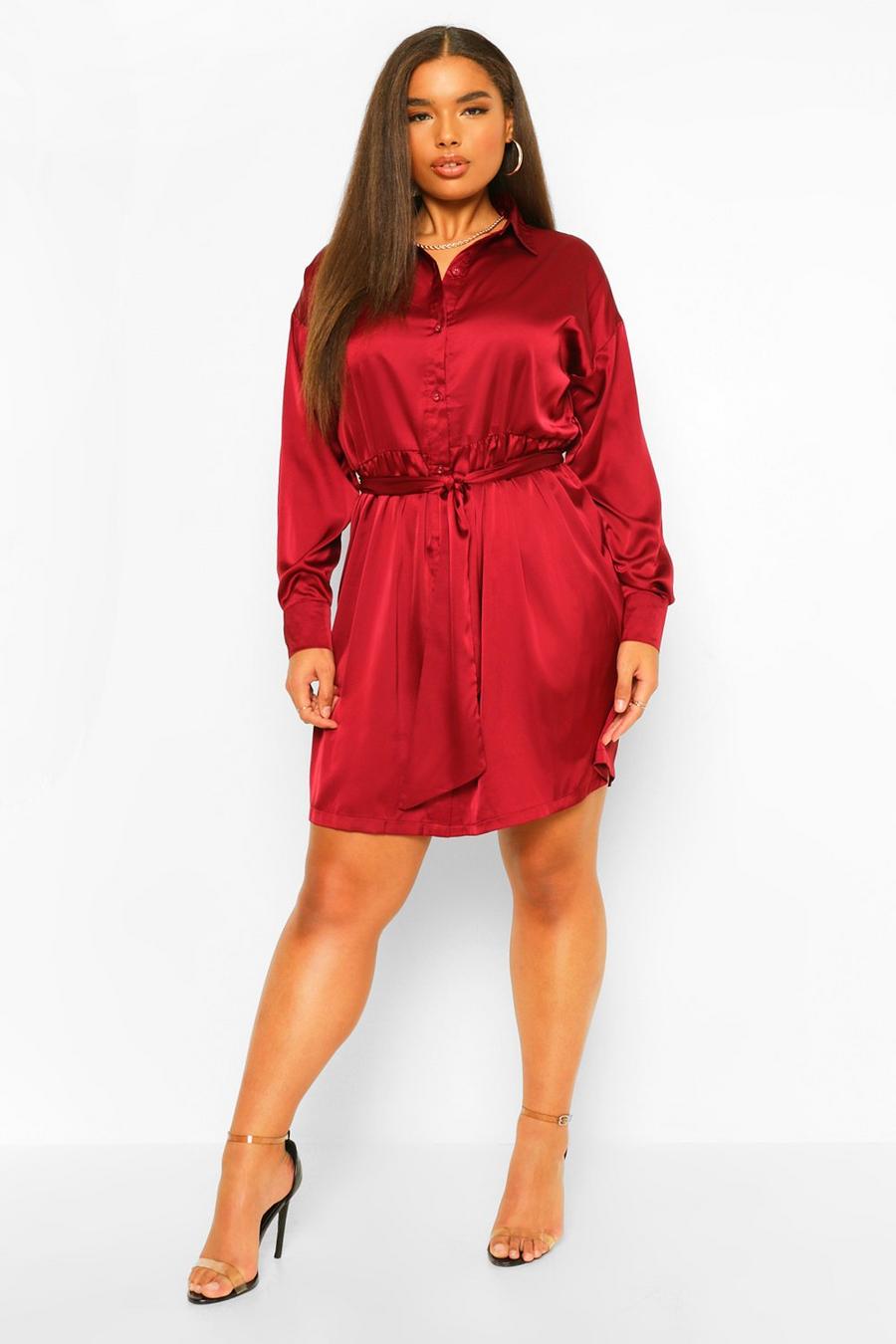 Berry Plus Satin Belted Shirt Dress image number 1