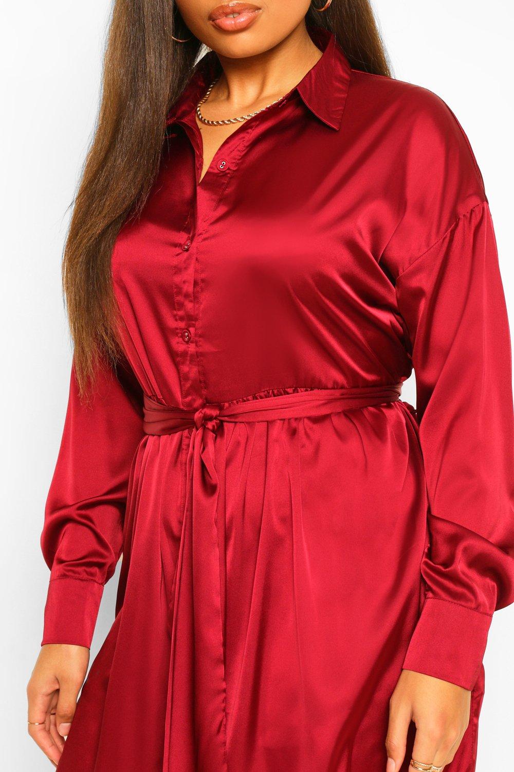 Plus Satin Belted Shirt Dress