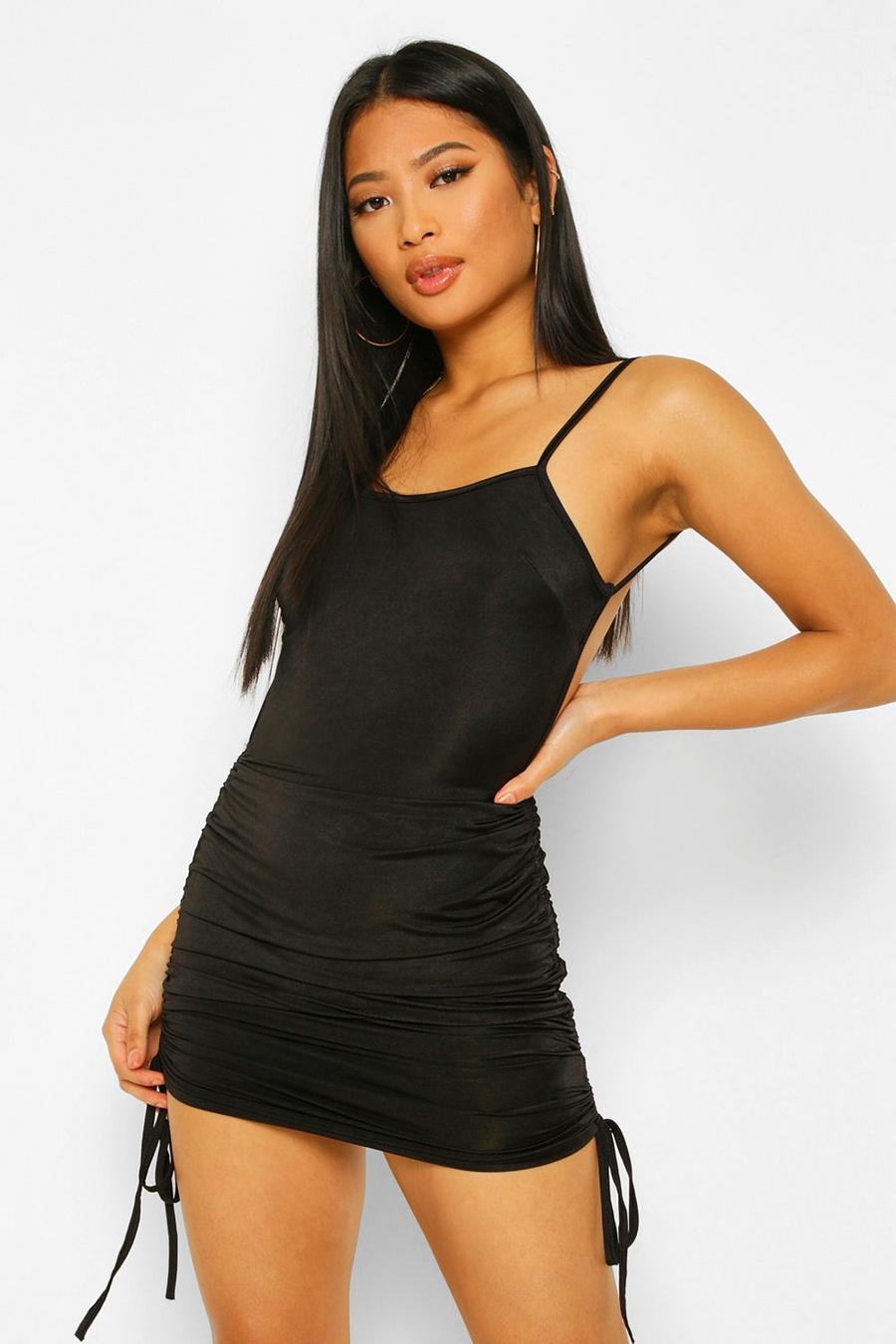 Black Petite Ruched Backless Bodycon Dress image number 1