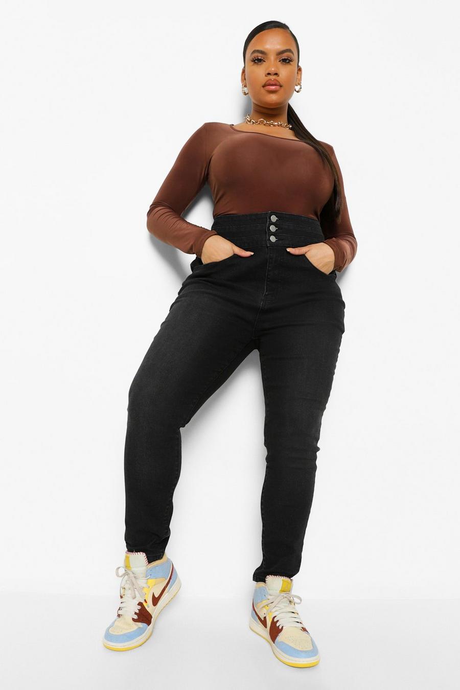 שחור דהוי ג'ינס סקיני משופשף וינטג' עם רצועת מותן גבוהה למידות גדולות image number 1