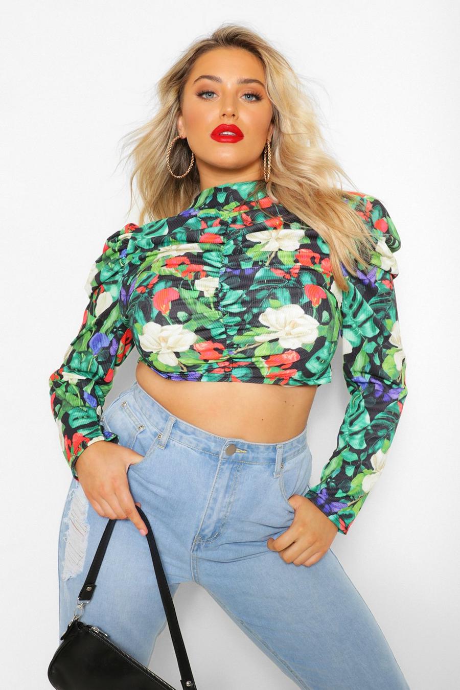 Plus Floral Ruched Puff Sleeve Crop Top image number 1