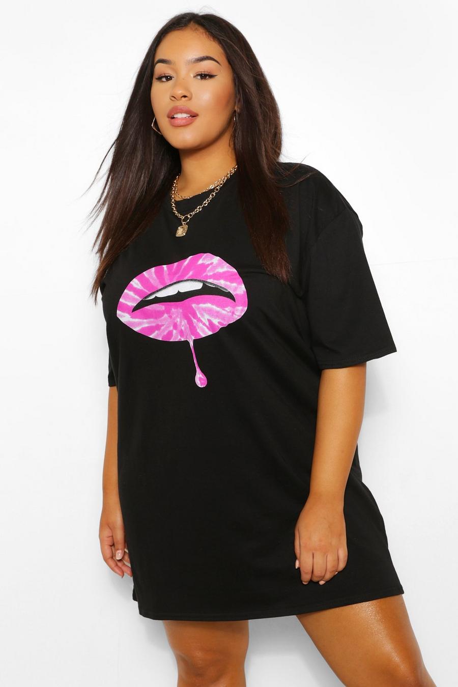 Zwart Plus T-Shirt Jurk Met Lippen image number 1