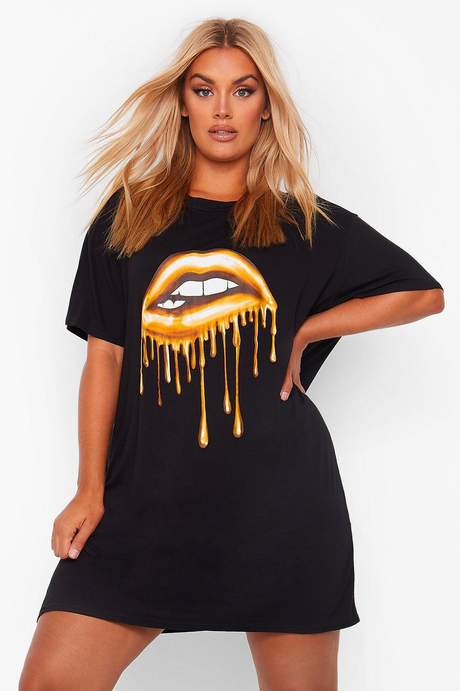 Plus T-Shirt Jurk Met Gouden Lippen image number 1