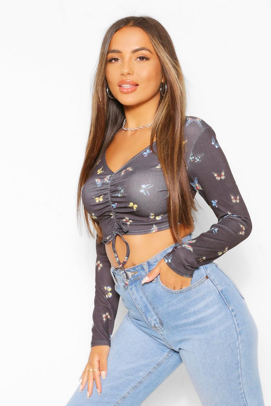Black Petite Butterfly Print Ruched Long Sleeve Crop Top image number 1