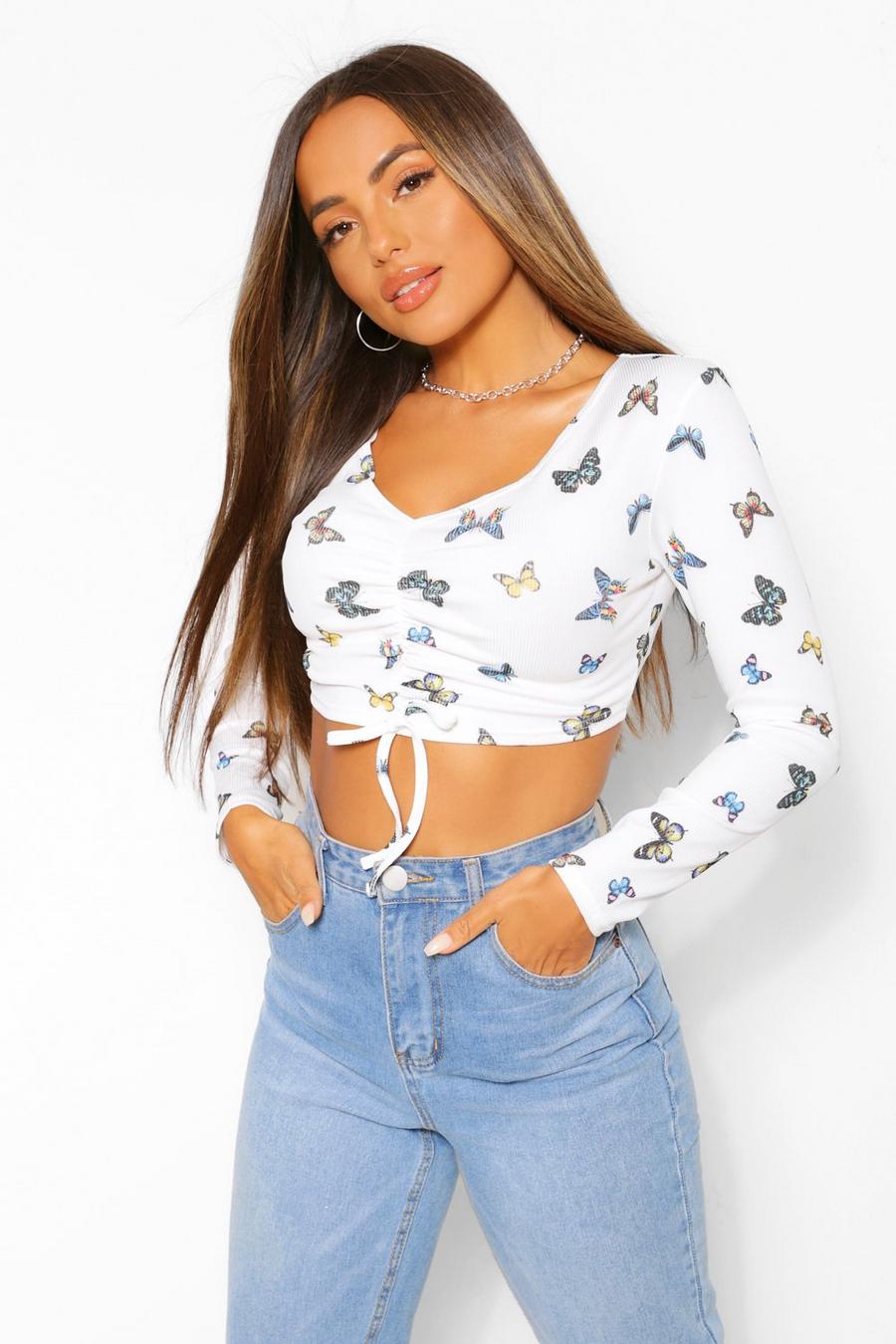 White Petite Butterfly Print Ruched Long Sleeve Crop Top image number 1
