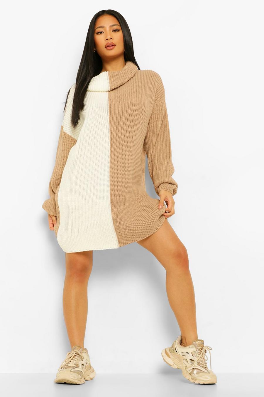 Nude Petite Knitted Roll Neck Spliced Jumper Dress image number 1