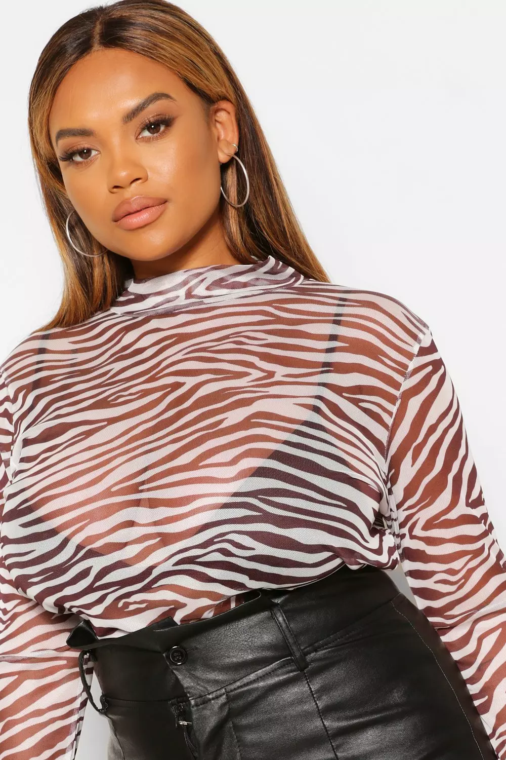 Black Plus Zebra Mesh Long Sleeve Crop Top alternative image