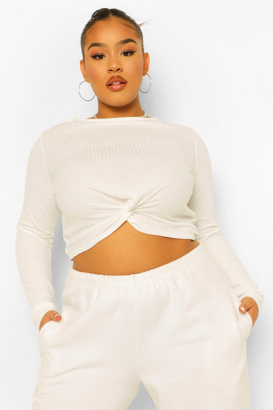 Ivory Plus Knot Front Longline Crop Top image number 1