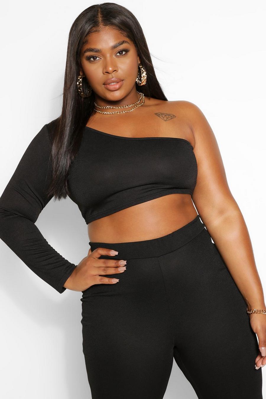 Black Plus One Shoulder Crop Top image number 1