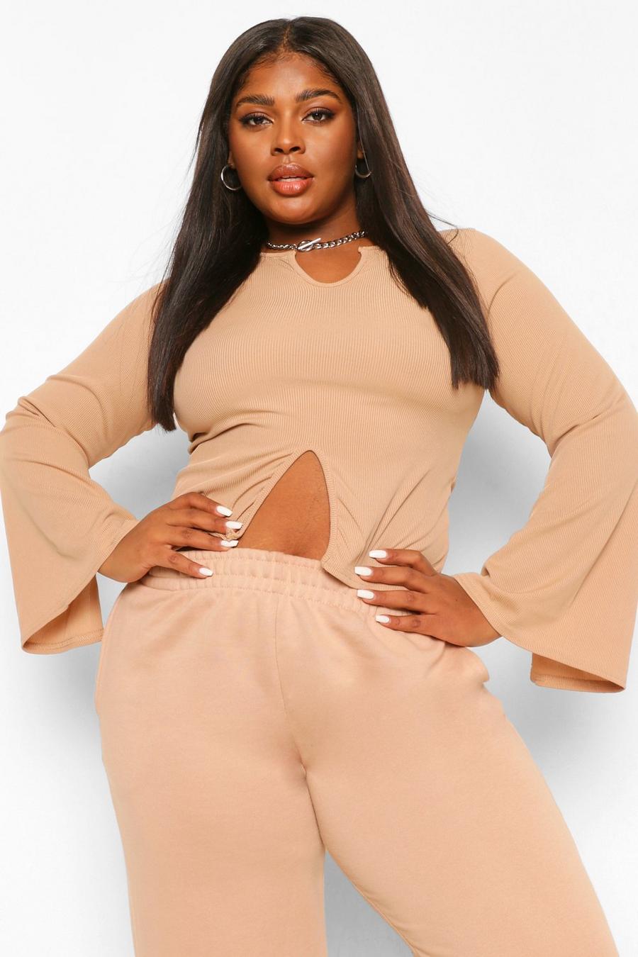 Stone Plus Split Front Flare Sleeve Rib Crop Top image number 1