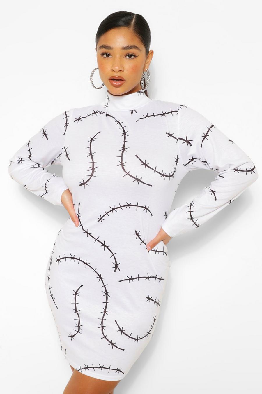 White Plus Halloween Stitches Long Sleeve Bodycon Dress image number 1