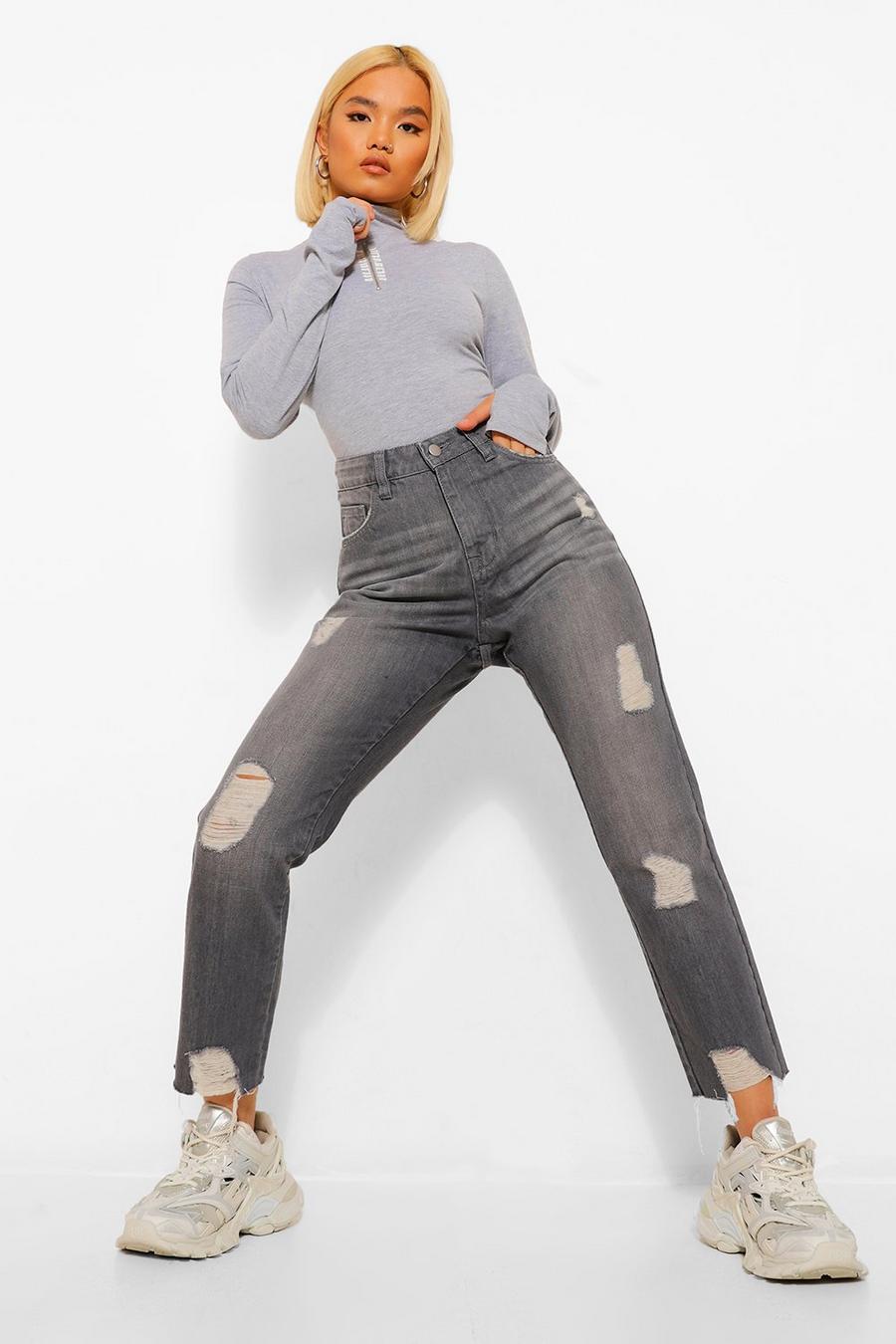 Petite Jeans mit geradem Bein und ausgefranstem Saum, Dunkelgrau image number 1