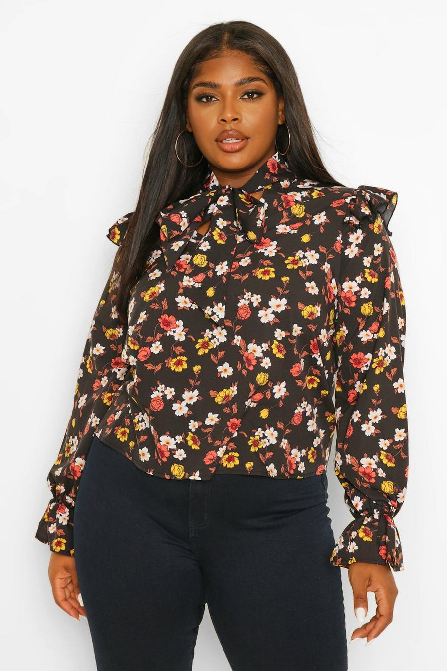 Blusa con volantes en los hombros y estampado floral Plus, Negro image number 1