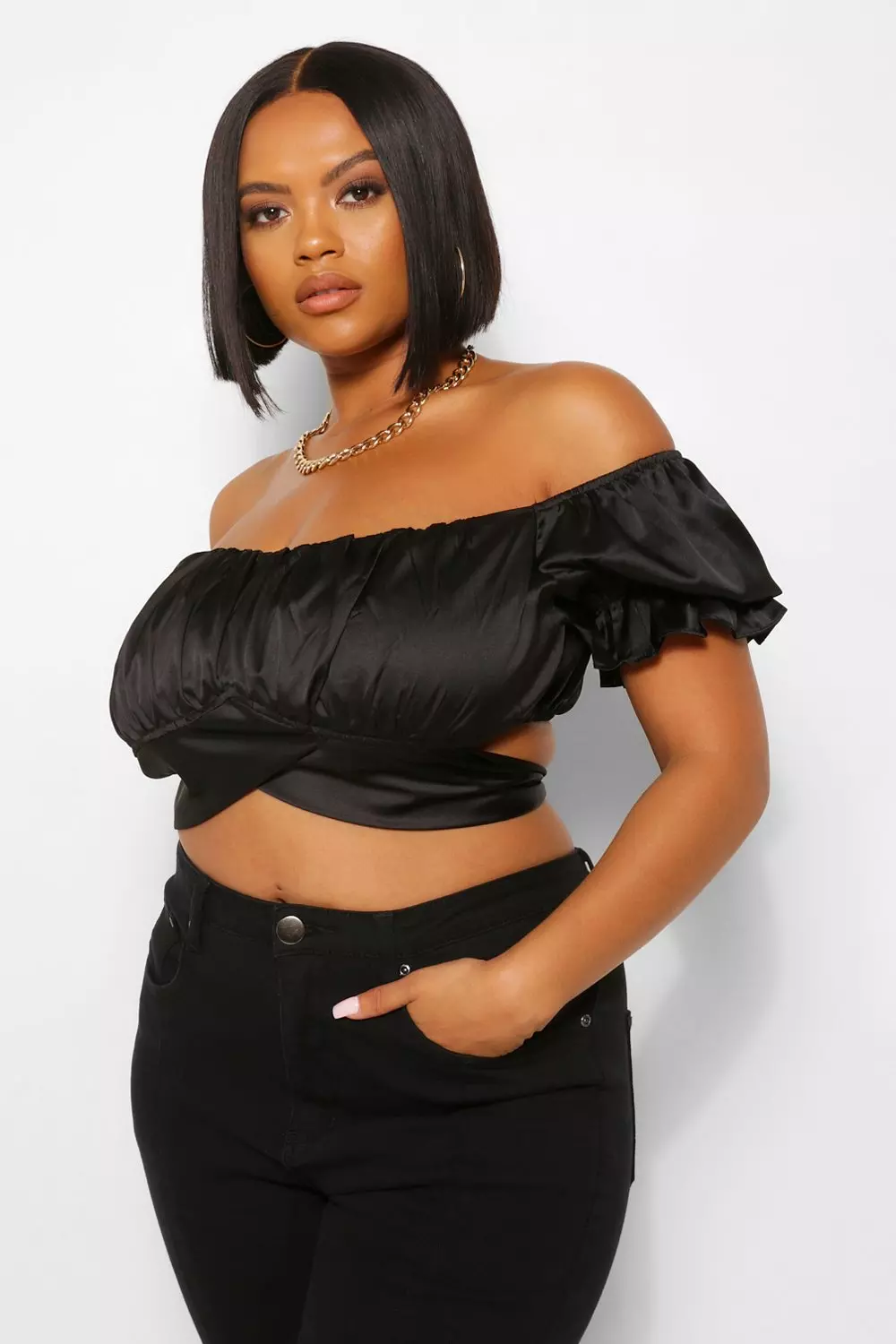 Satin bardot cheap crop top