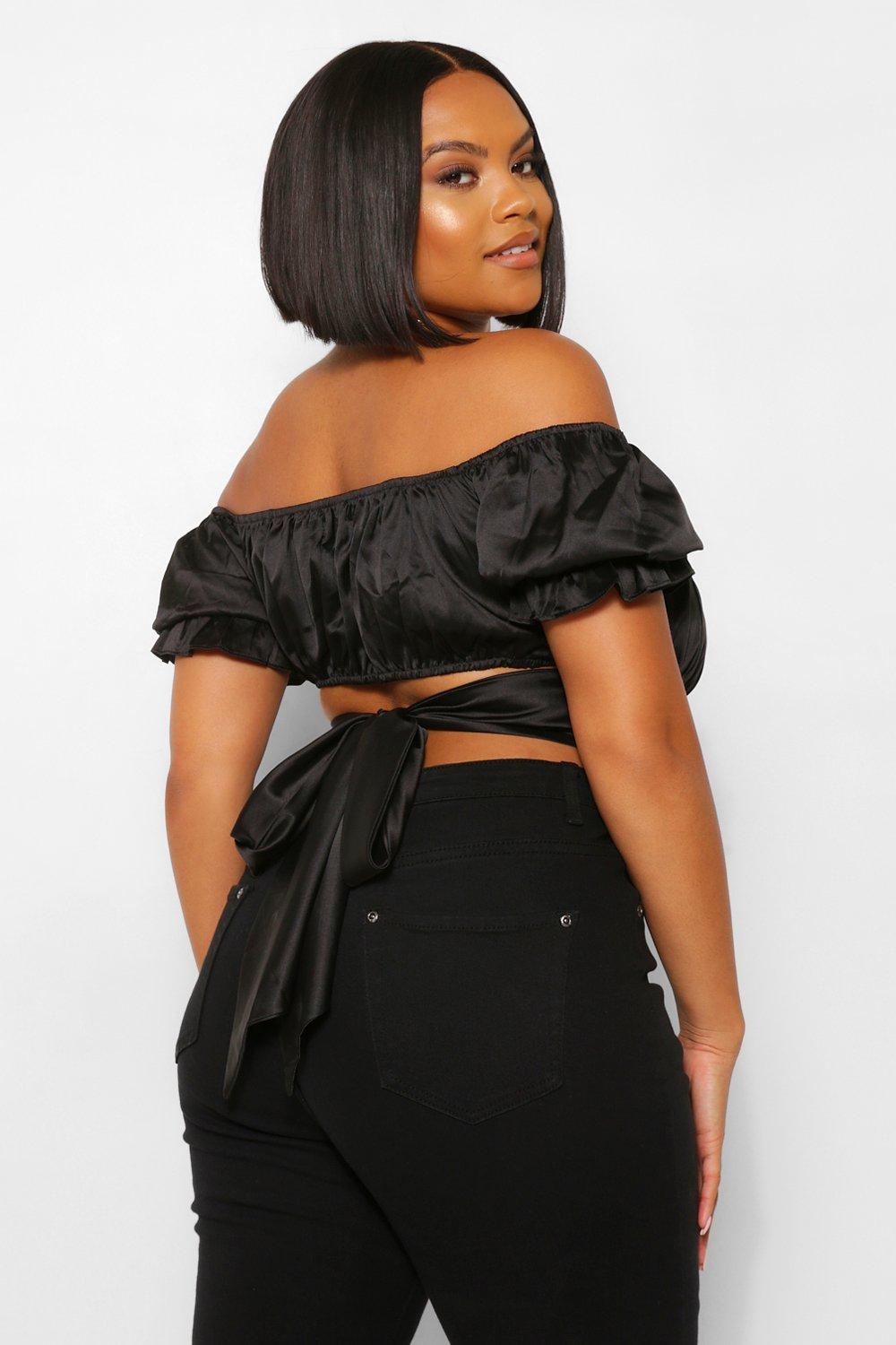 Plus Satin Off The Shoulder Crop Top boohoo