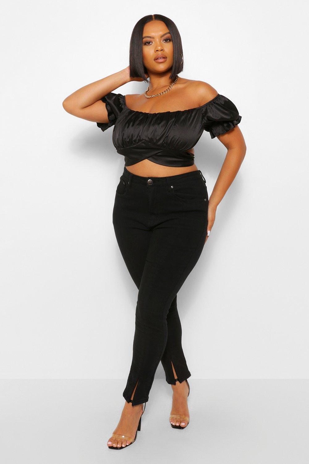 Satin off the discount shoulder crop top