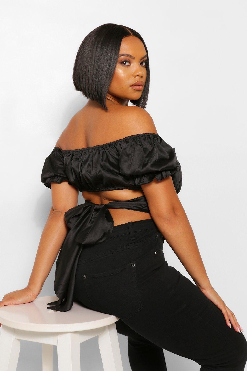 Black satin off the shoulder sales top