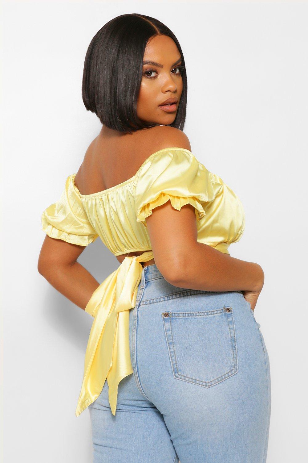 Yellow bardot crop store top