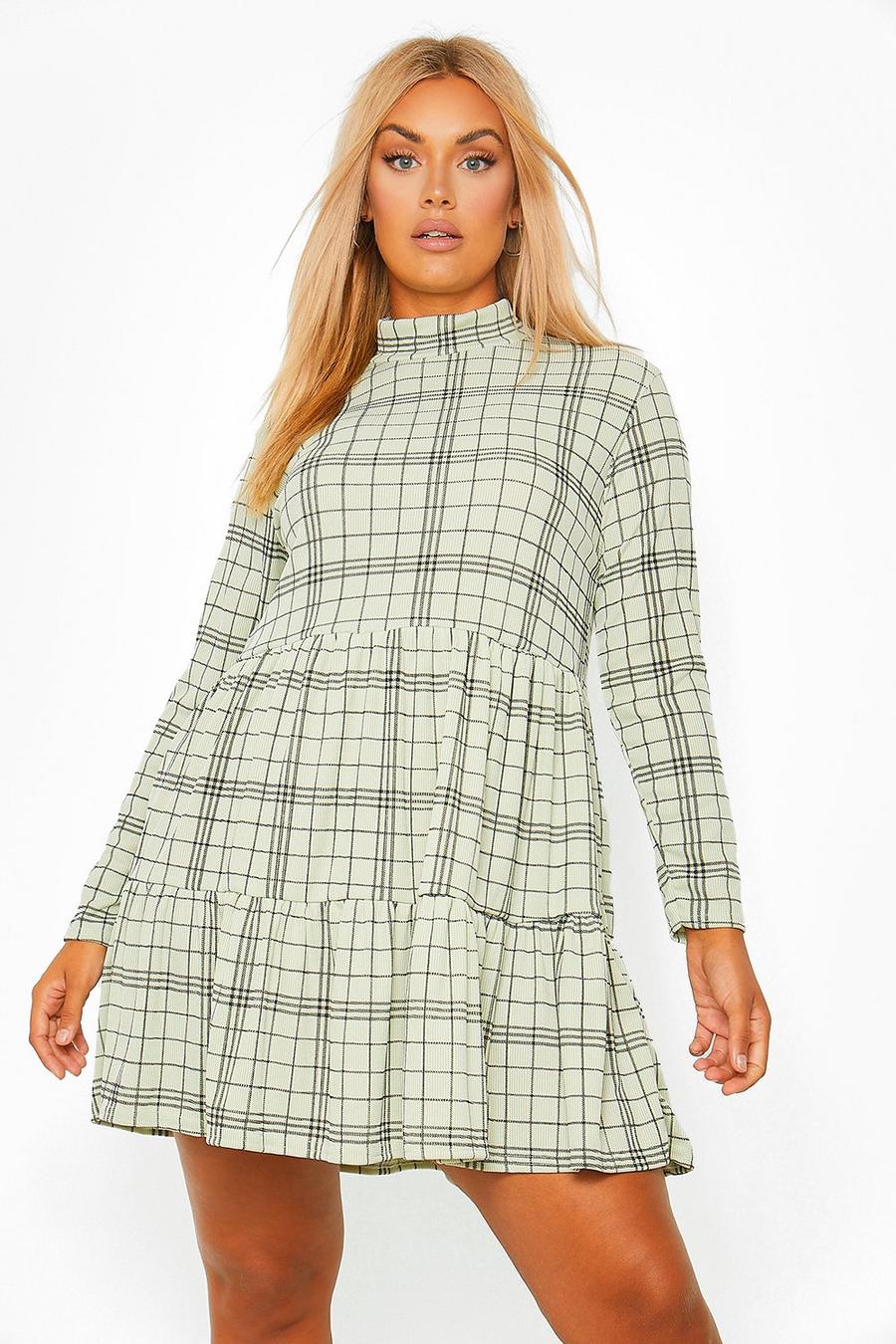 Sage green Plus Check Tiered Smock Dress image number 1