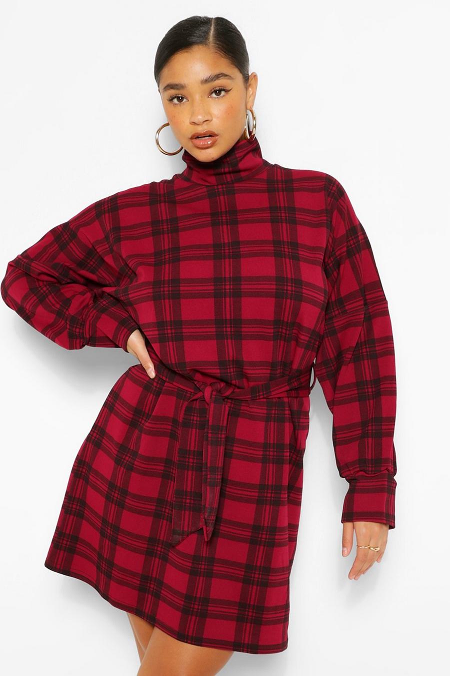 Berry Plus Check High Neck Belted Shift Dress image number 1