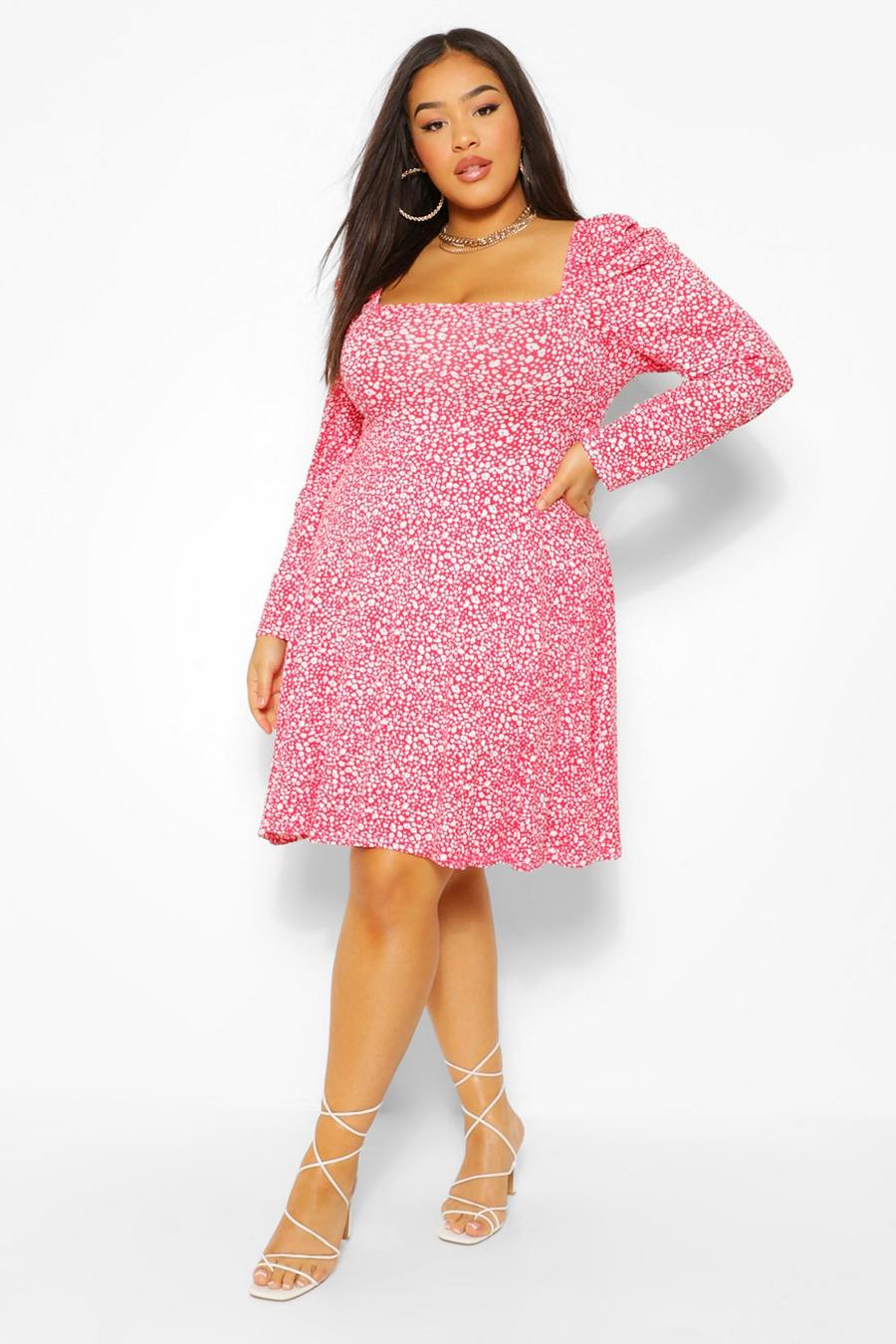 Plus Ditsy Floral Puff Sleeve Skater Dress image number 1