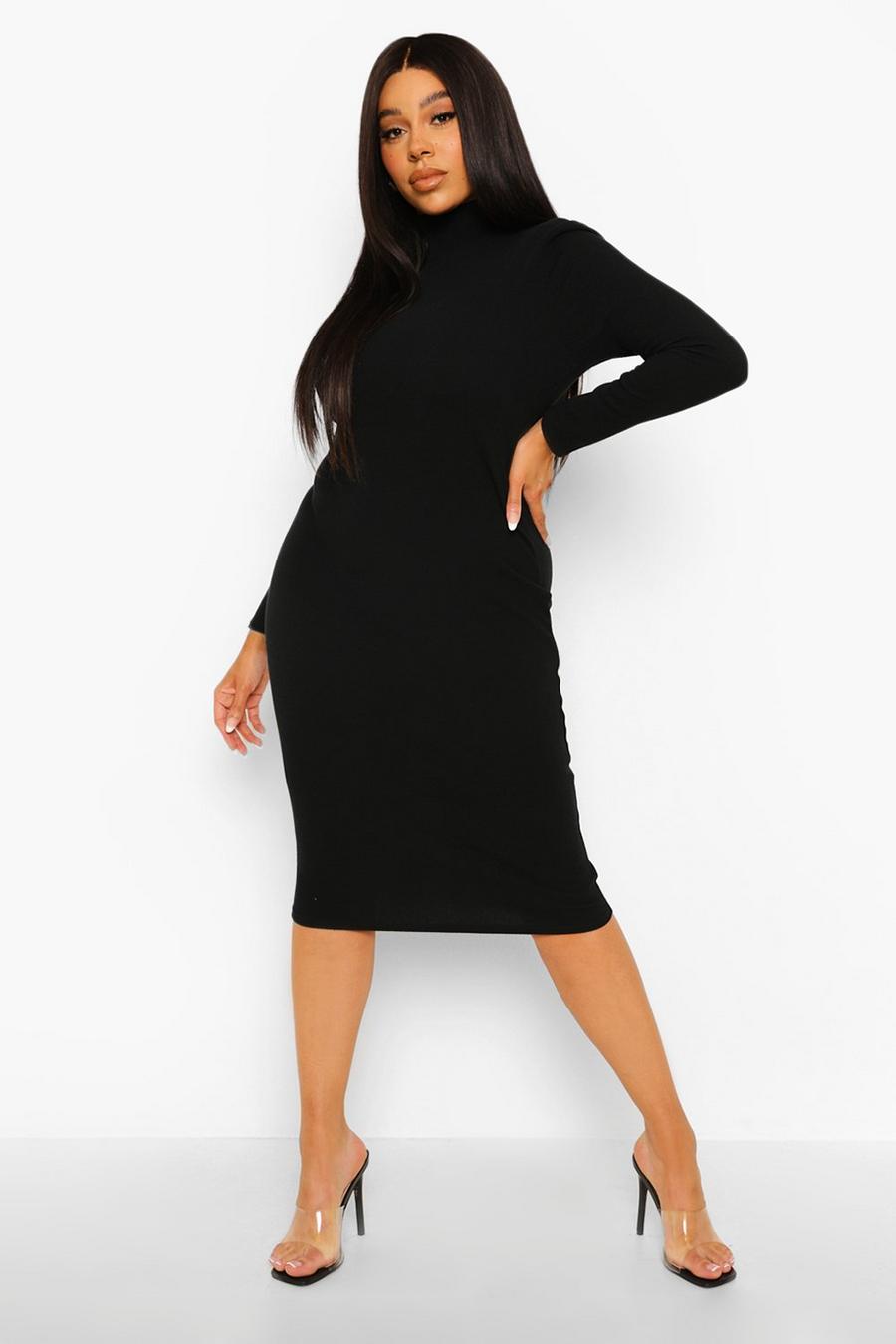 Black Plus High Neck Ribbed Midi Dress image number 1