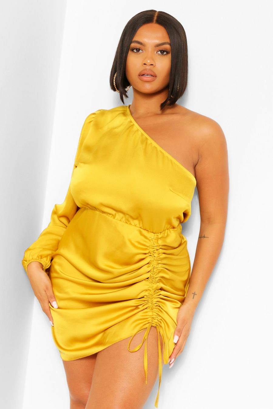 Mustard yellow Plus Satin Ruched One Shoulder Mini Dress