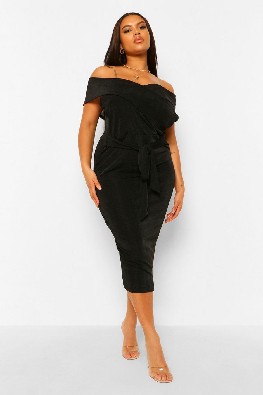 Black Plus Textured Slinky Off The Shoulder Midi Dress image number 1
