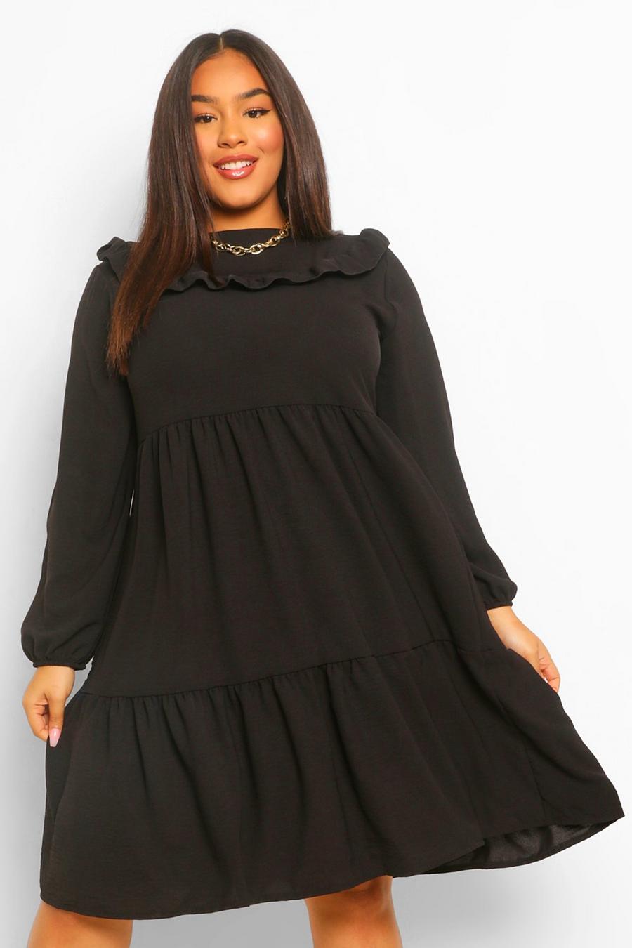 Black Plus Ruffle Detail Midi Smock Dress image number 1