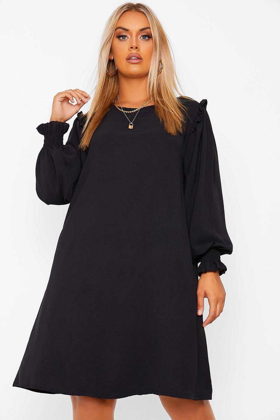 Black Plus Frill Detail long Sleeve Smock Dress image number 1