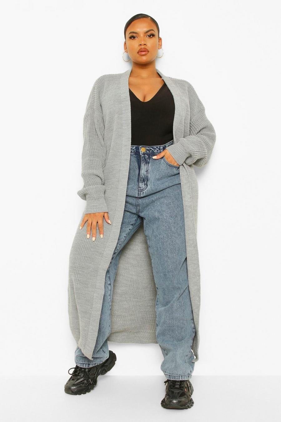 Grey marl Plus Knitted Ribbed Maxi Cardigan image number 1