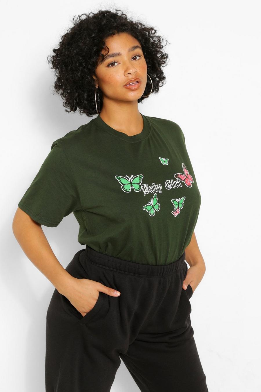 Plus T-Shirt mit „90s Baby Butterfly“-Slogan, Wald image number 1
