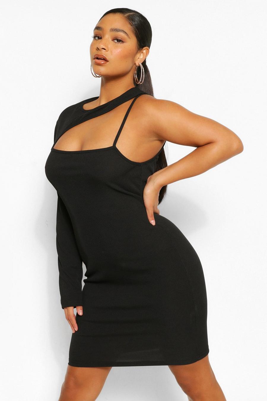Black Plus Rib Cut Out Bodycon Dress image number 1