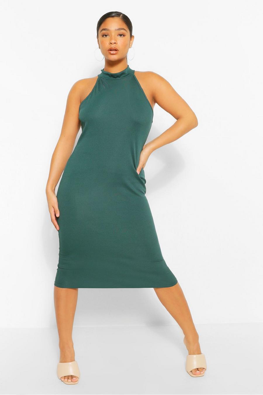 Emerald Plus Rib Halter Neck Midi Dress image number 1