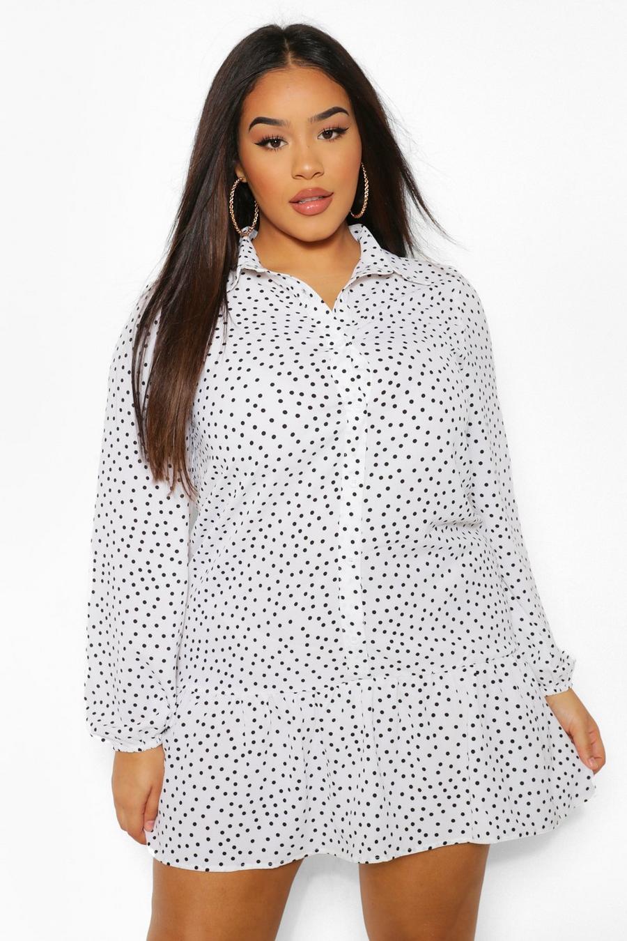 White Plus Polka Dot Smock Shirt Dress image number 1
