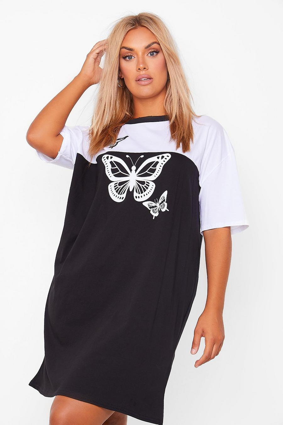 Black Plus - T-shirtklänning med blockfärger och fjärilar image number 1
