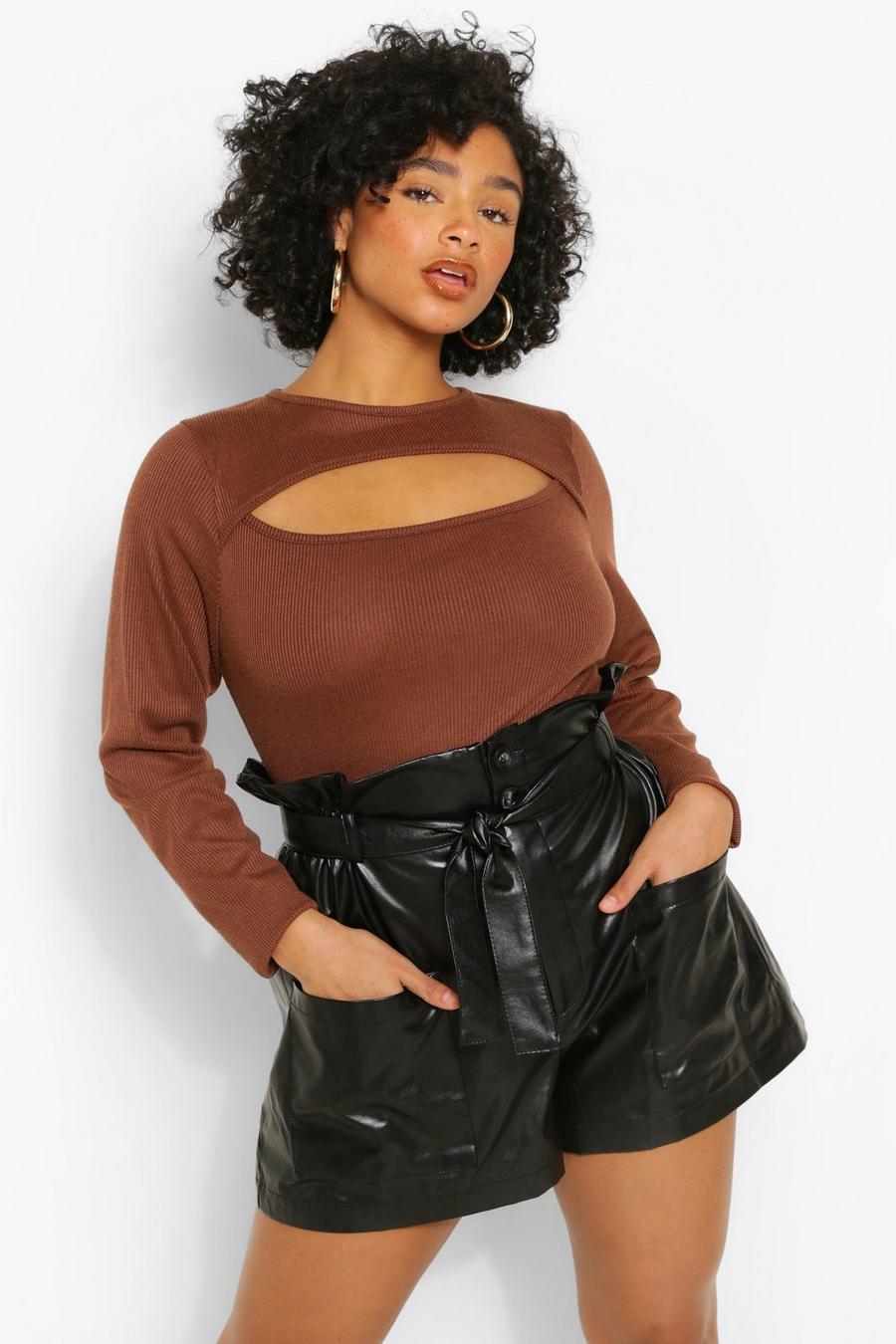 Chocolate Plus Keyhole Long Sleeve Ribbed Top image number 1