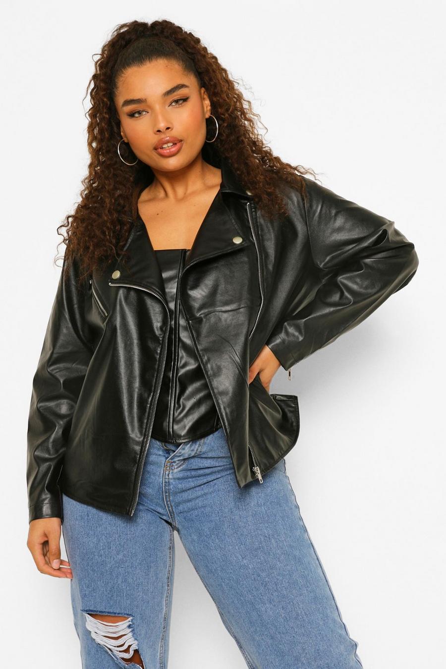 Black Plus Zip Detail Faux Leather Jacket image number 1