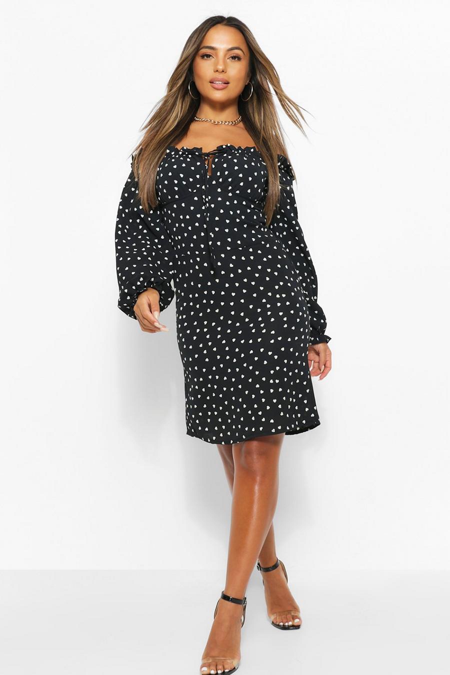 שחור שמלת שיפט פטיט עם צווארון מסולסל, קשר מלפנים והדפס לבבות image number 1