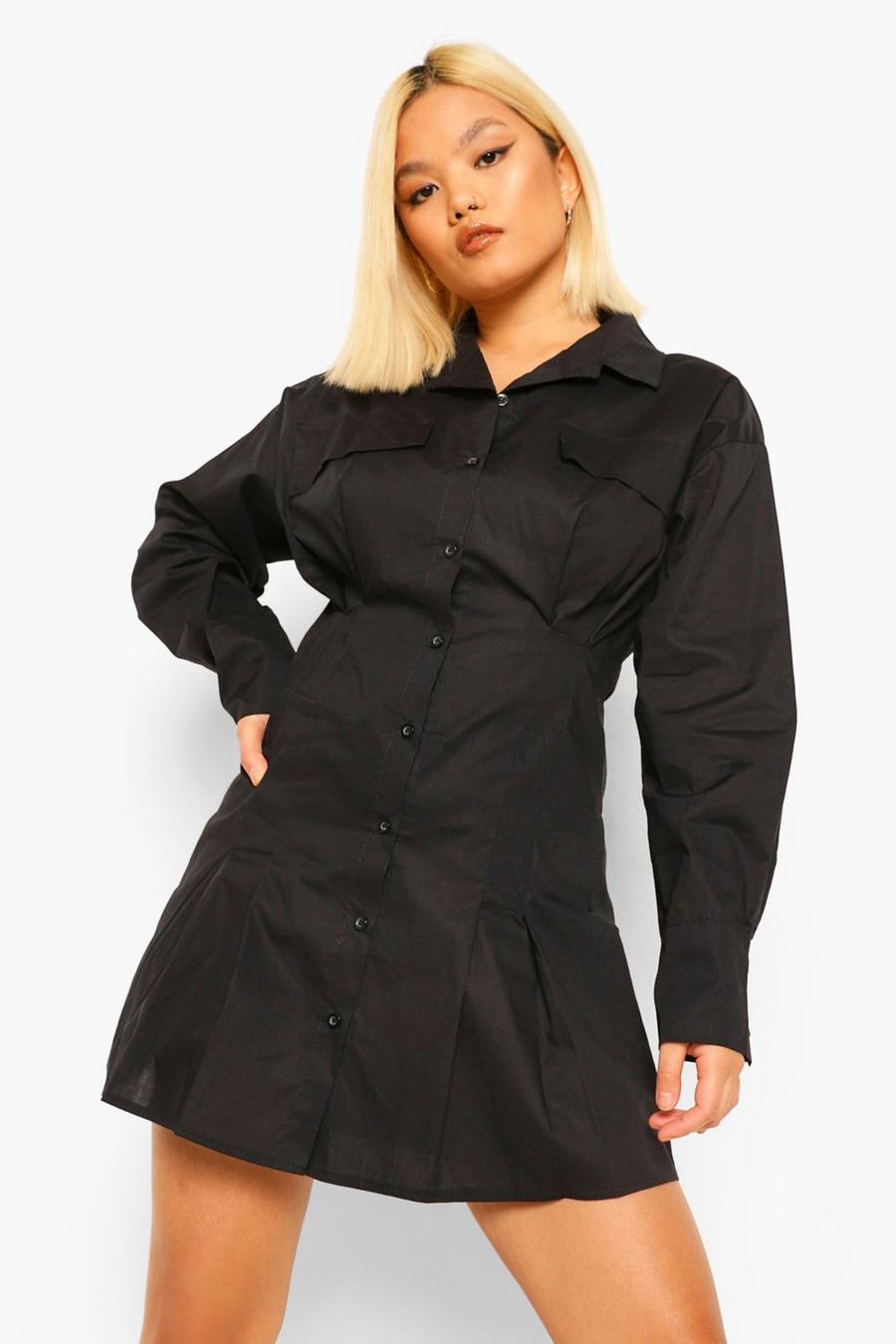 Vestido camisero con detalle de costuras en la cintura, Petite, Negro image number 1